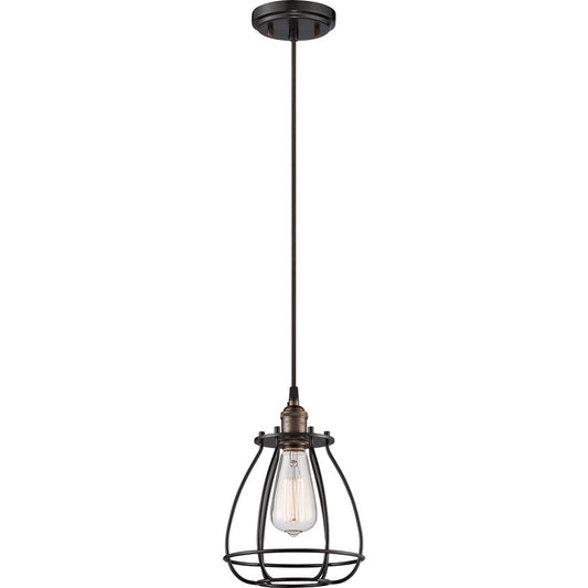 Nuvo Vintage 7.38in 1-Light Caged Pendant | Transitional Rustic Bronze Metal | Kitchen Island & Dining Room | 7.38 x 7.38 x 10.75 in | Model 60-5501