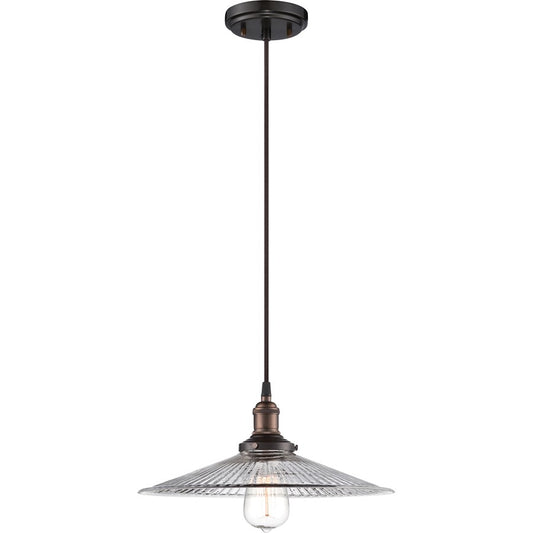Nuvo Vintage 14in 1-Light Pendant | Transitional Rustic Bronze and Clear Ribbed Glass | Kitchen Island & Dining Room | 14 x 14 x 6 in | Model 60-5516