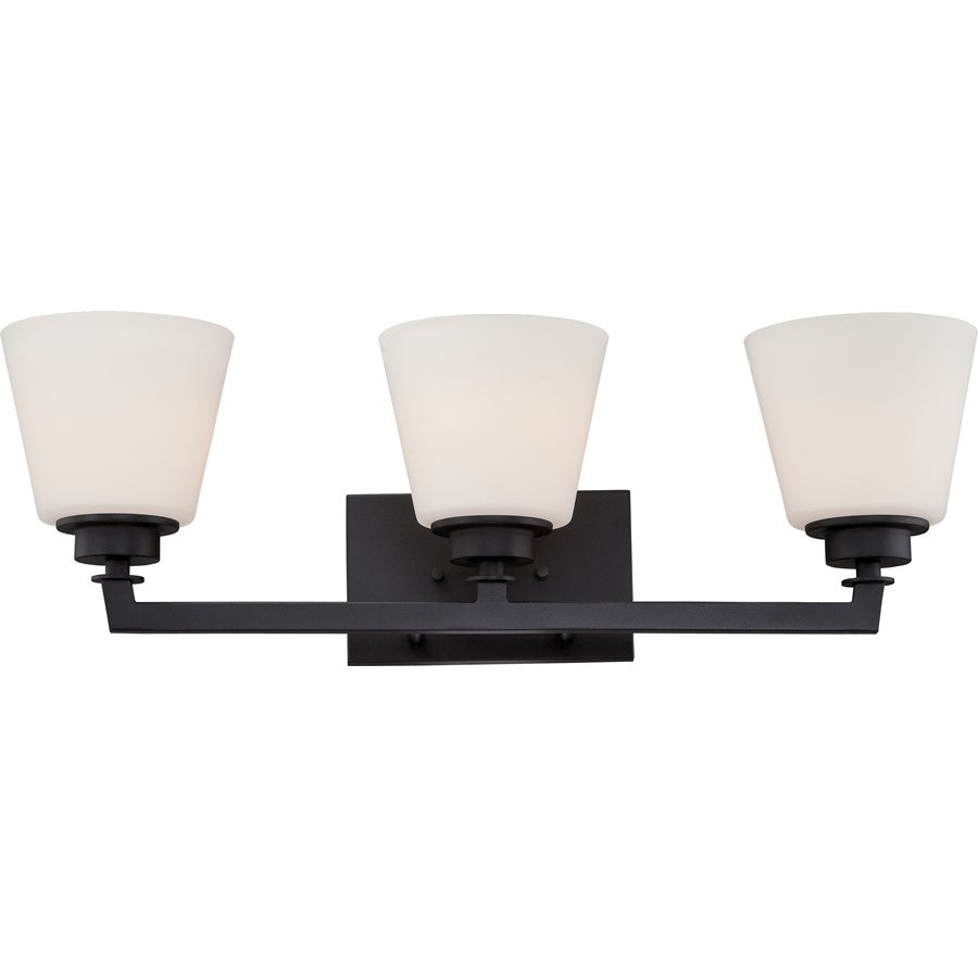 Nuvo Mobili 25in 3-Light Vanity Light | Transitional Aged Bronze and Satin White Glass | Bathroom Vanity | 25 x 7.88 x 6.88 in | Model 60-5553