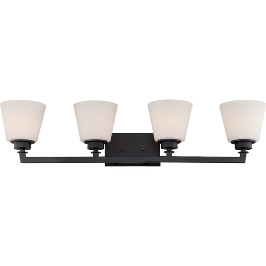 Nuvo Mobili 34in 4-Light Vanity Light | Transitional Aged Bronze and Satin White Glass | Bathroom Vanity | 34.62 x 7.88 x 6.88 in | Model 60-5554