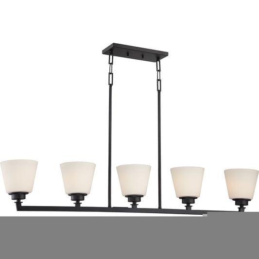Nuvo Mobili 44in 5-Light Island Pendant | Transitional Aged Bronze and Satin White Glass | Kitchen Island & Dining Room | 44 x 6 x 43 in | Model 60-5555