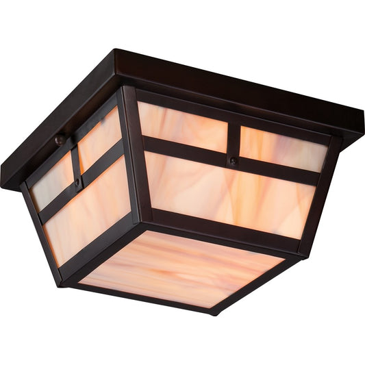Nuvo Tanner 9in 2-Light Outdoor Flush Mount | Traditional Claret Bronze and Honey Stained Glass | Covered Patio & Entryway | 9.25 x 9.25 x | Model 60-5676
