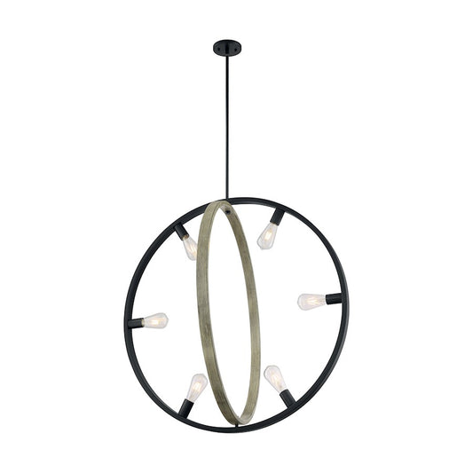 6 Light Pendant, Black/Wood