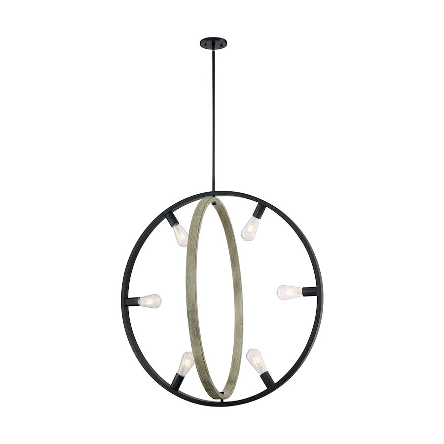 6 Light Pendant, Black/Wood