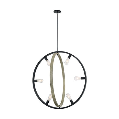 6 Light Pendant, Black/Wood