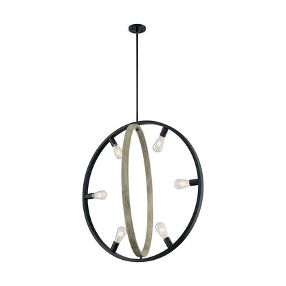 6 Light Pendant, Black/Wood