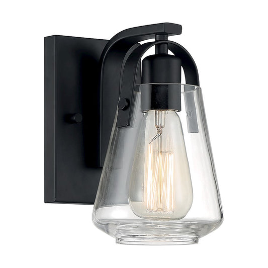 Nuvo Lighting Skybridge 1-Light Wall Sconce | Industrial Matte Black and Clear Glass | Hallway & Bathroom Accent | 5 x 8.38 in | Model 60-7101