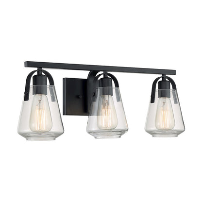 Nuvo Skybridge 23in 3-Light Vanity | Industrial Matte Black and Clear Glass | Bathroom Vanity | 23.25 x 8.63 in | Model 60-7103