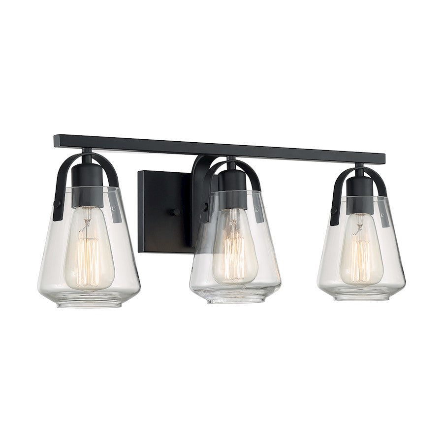 Nuvo Skybridge 23in 3-Light Vanity | Industrial Matte Black and Clear Glass | Bathroom Vanity | 23.25 x 8.63 in | Model 60-7103