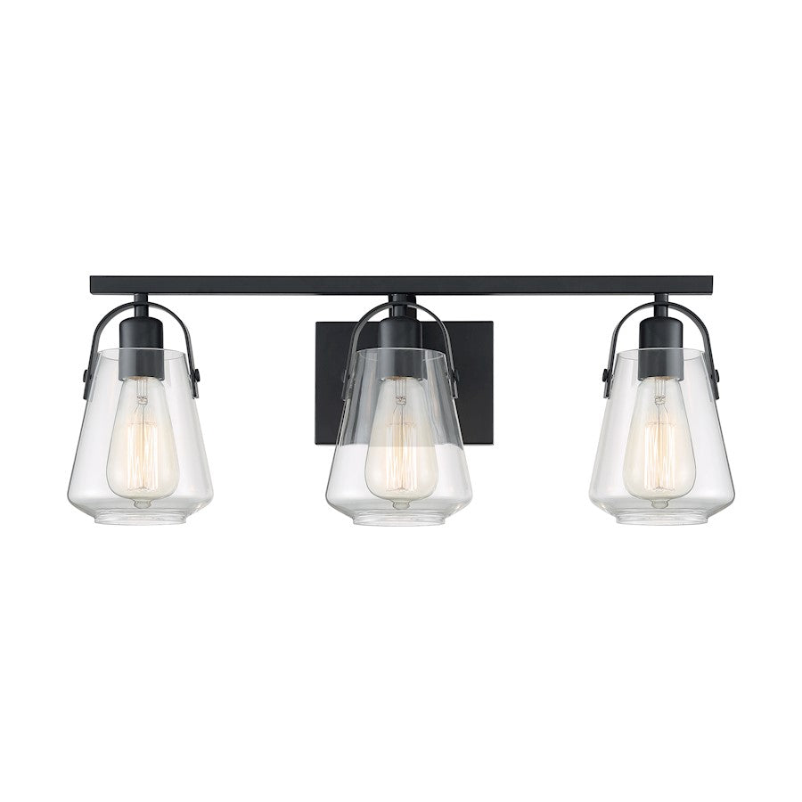 Nuvo Skybridge 23in 3-Light Vanity | Industrial Matte Black and Clear Glass | Bathroom Vanity | 23.25 x 8.63 in | Model 60-7103