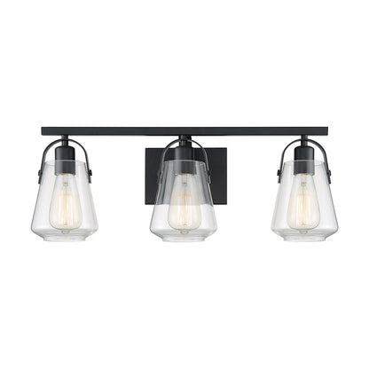 Nuvo Skybridge 23in 3-Light Vanity | Industrial Matte Black and Clear Glass | Bathroom Vanity | 23.25 x 8.63 in | Model 60-7103