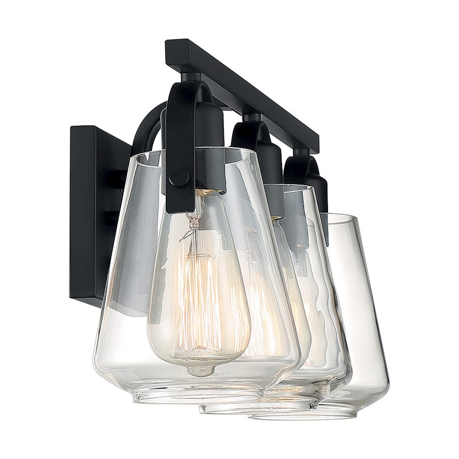 Nuvo Skybridge 23in 3-Light Vanity | Industrial Matte Black and Clear Glass | Bathroom Vanity | 23.25 x 8.63 in | Model 60-7103