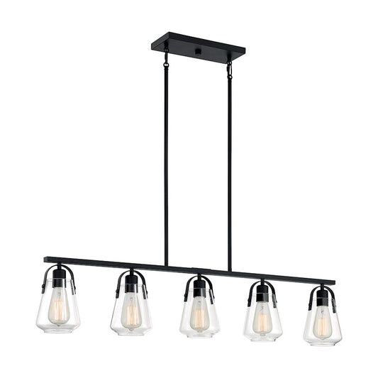 Nuvo Skybridge 42in 5-Light Island Pendant | Industrial Matte Black and Clear Glass | Kitchen Island & Dining Room | 42 x 5 x 9 in | Model 60-7104