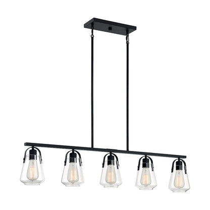 Nuvo Skybridge 42in 5-Light Island Pendant | Industrial Matte Black and Clear Glass | Kitchen Island & Dining Room | 42 x 5 x 9 in | Model 60-7104