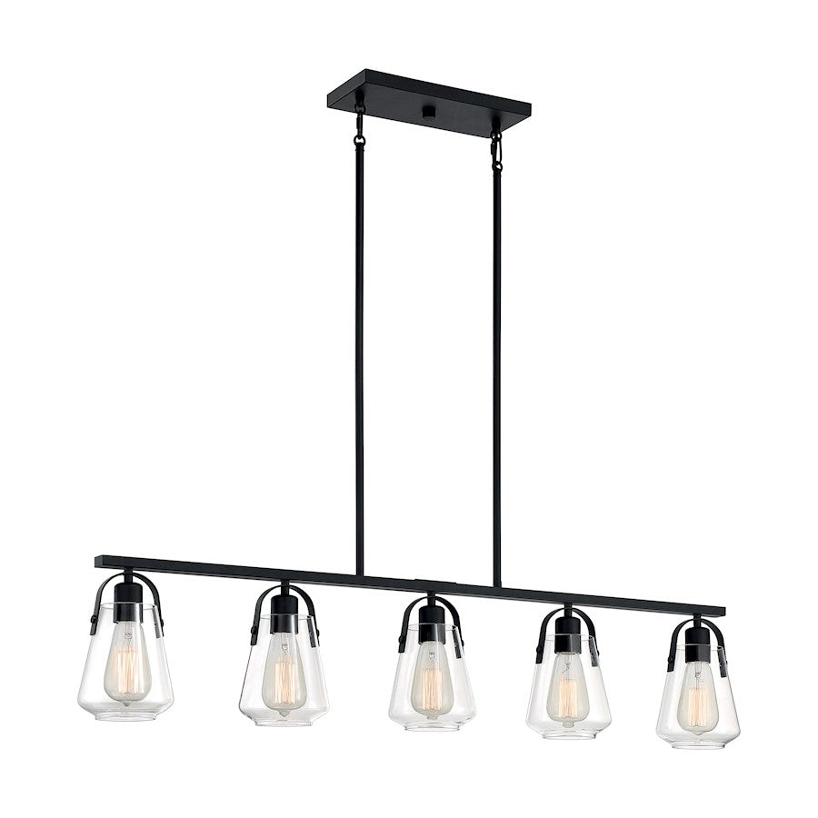Nuvo Skybridge 42in 5-Light Island Pendant | Industrial Matte Black and Clear Glass | Kitchen Island & Dining Room | 42 x 5 x 9 in | Model 60-7104