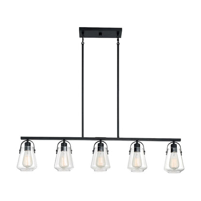Nuvo Skybridge 42in 5-Light Island Pendant | Industrial Matte Black and Clear Glass | Kitchen Island & Dining Room | 42 x 5 x 9 in | Model 60-7104