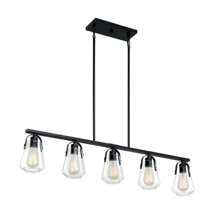 Nuvo Skybridge 42in 5-Light Island Pendant | Industrial Matte Black and Clear Glass | Kitchen Island & Dining Room | 42 x 5 x 9 in | Model 60-7104
