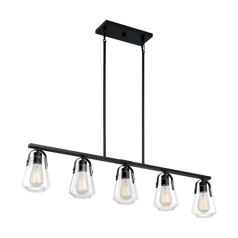 Nuvo Skybridge 42in 5-Light Island Pendant | Industrial Matte Black and Clear Glass | Kitchen Island & Dining Room | 42 x 5 x 9 in | Model 60-7104