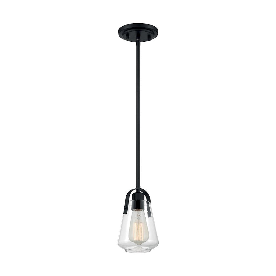 Nuvo Lighting Skybridge 5in 1-Light Mini Pendant | Industrial Matte Black and Clear Glass | Kitchen Island & Dining Room | 5 x 8 in | Model 60-7106