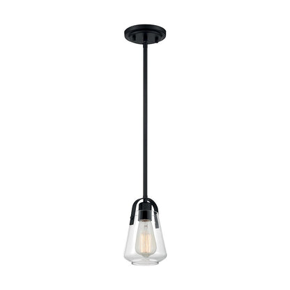 Nuvo Lighting Skybridge 5in 1-Light Mini Pendant | Industrial Matte Black and Clear Glass | Kitchen Island & Dining Room | 5 x 8 in | Model 60-7106