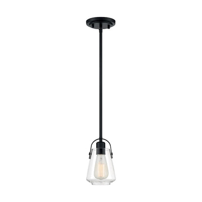Nuvo Lighting Skybridge 5in 1-Light Mini Pendant | Industrial Matte Black and Clear Glass | Kitchen Island & Dining Room | 5 x 8 in | Model 60-7106