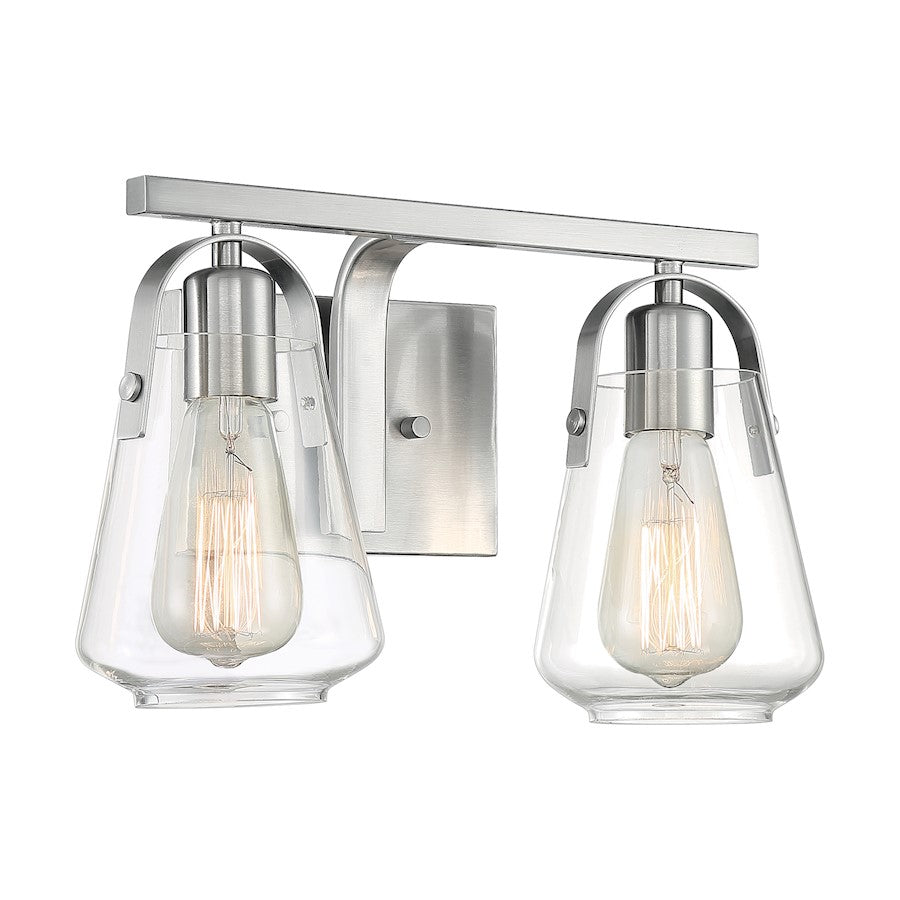Nuvo Skybridge 14in 2-Light Vanity | Industrial Brushed Nickel and Clear Glass | Bathroom Vanity | 14.13 x 8.63 in | Model 60-7112