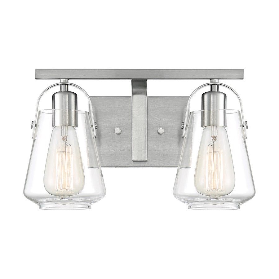 Nuvo Skybridge 14in 2-Light Vanity | Industrial Brushed Nickel and Clear Glass | Bathroom Vanity | 14.13 x 8.63 in | Model 60-7112