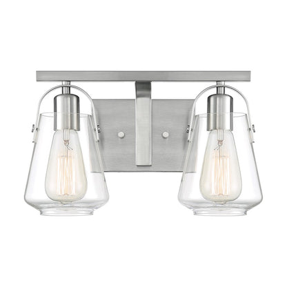 Nuvo Skybridge 14in 2-Light Vanity | Industrial Brushed Nickel and Clear Glass | Bathroom Vanity | 14.13 x 8.63 in | Model 60-7112