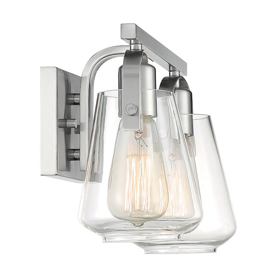 Nuvo Skybridge 14in 2-Light Vanity | Industrial Brushed Nickel and Clear Glass | Bathroom Vanity | 14.13 x 8.63 in | Model 60-7112