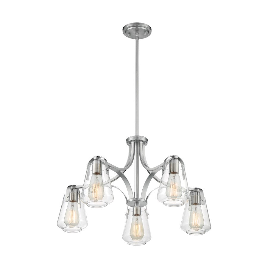 Nuvo Lighting Skybridge 27in 5-Light Chandelier | Industrial Brushed Nickel and Clear Glass | Dining Room & Living Room | 27 x 27 x 15 in | Model 60-7115