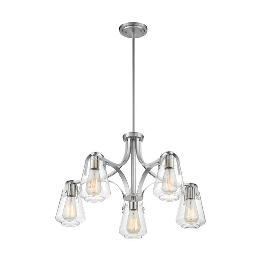 Nuvo Lighting Skybridge 27in 5-Light Chandelier | Industrial Brushed Nickel and Clear Glass | Dining Room & Living Room | 27 x 27 x 15 in | Model 60-7115