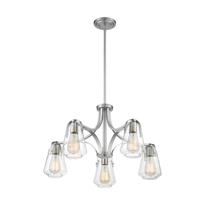 Nuvo Lighting Skybridge 27in 5-Light Chandelier | Industrial Brushed Nickel and Clear Glass | Dining Room & Living Room | 27 x 27 x 15 in | Model 60-7115