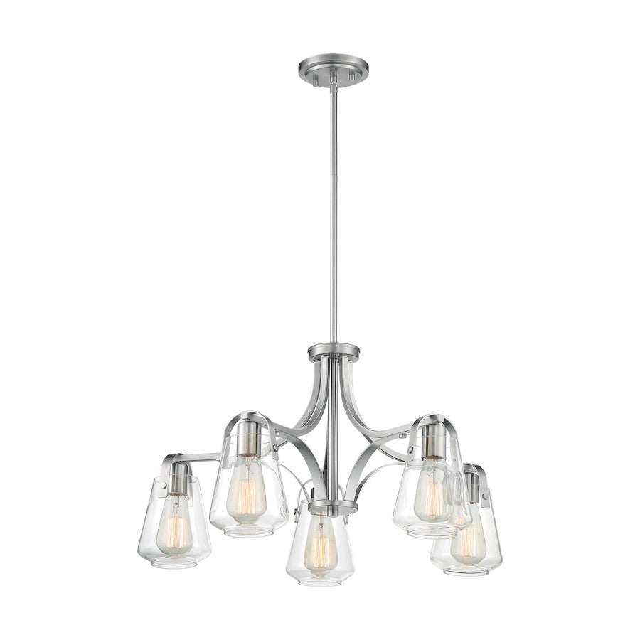 Nuvo Lighting Skybridge 27in 5-Light Chandelier | Industrial Brushed Nickel and Clear Glass | Dining Room & Living Room | 27 x 27 x 15 in | Model 60-7115