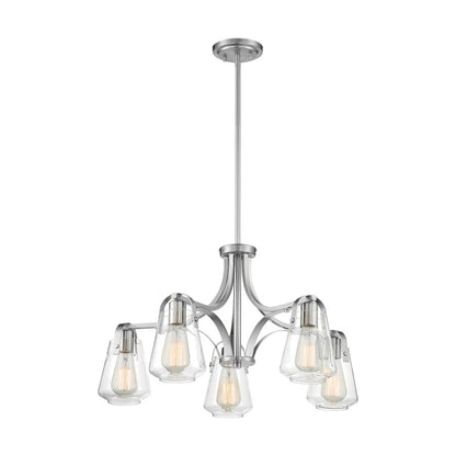 Nuvo Lighting Skybridge 27in 5-Light Chandelier | Industrial Brushed Nickel and Clear Glass | Dining Room & Living Room | 27 x 27 x 15 in | Model 60-7115