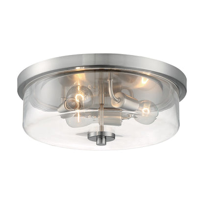 Nuvo Lighting Sommerset 15in 3-Light Flush Mount | Modern Brushed Nickel and Clear Glass | Hallway & Bathroom Damp-Rated | 15 x 15 x 5.63 | Model 60-7169