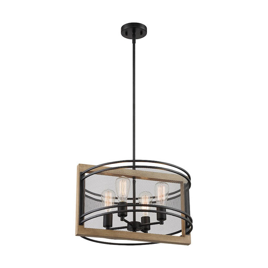 4 Light Pendant, Black/Honey Wood