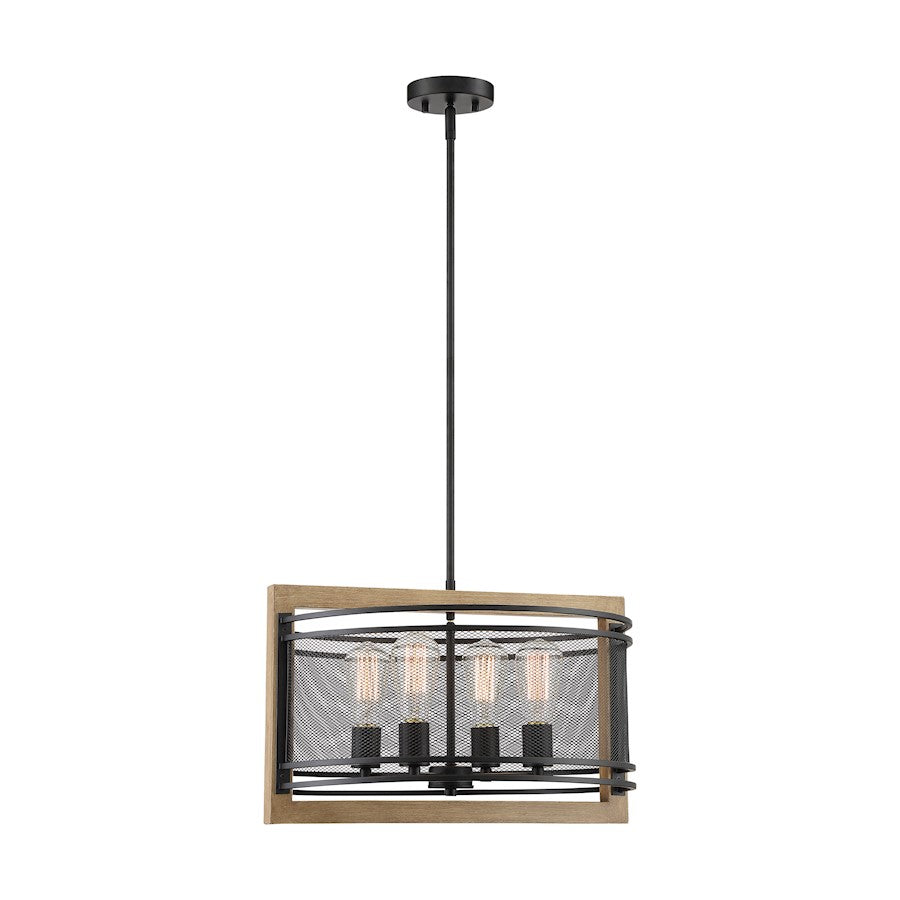 4 Light Pendant, Black/Honey Wood