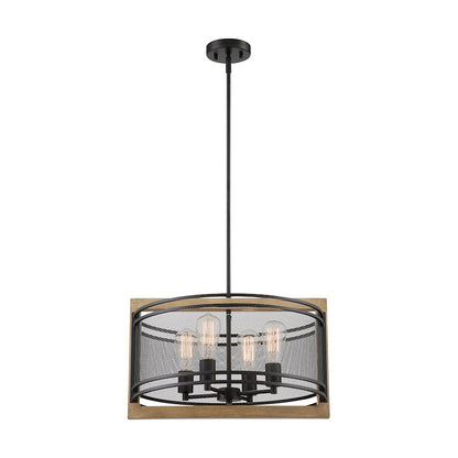 4 Light Pendant, Black/Honey Wood