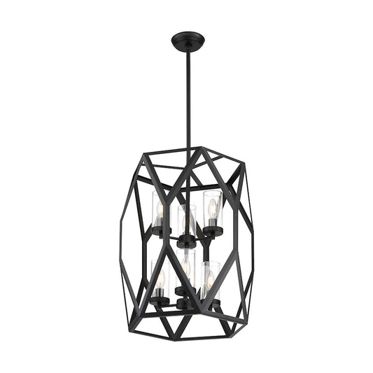 6 Light Pendant, Clear Glass, Black
