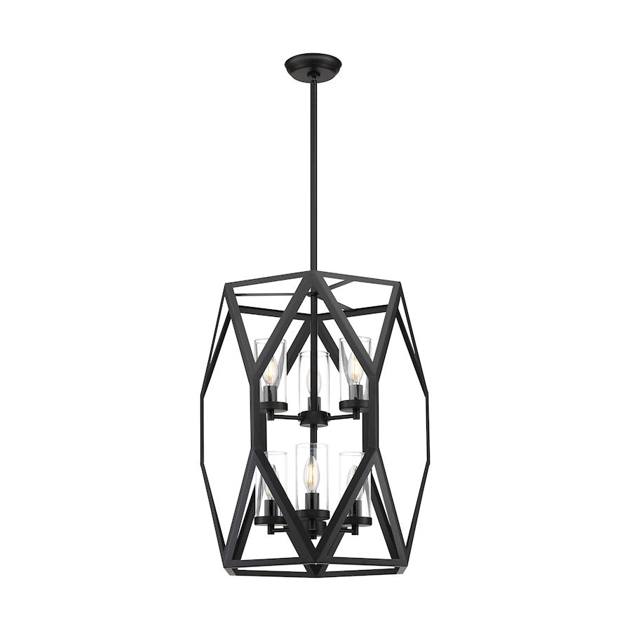 6 Light Pendant, Clear Glass, Black