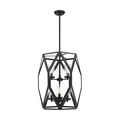 6 Light Pendant, Clear Glass, Black