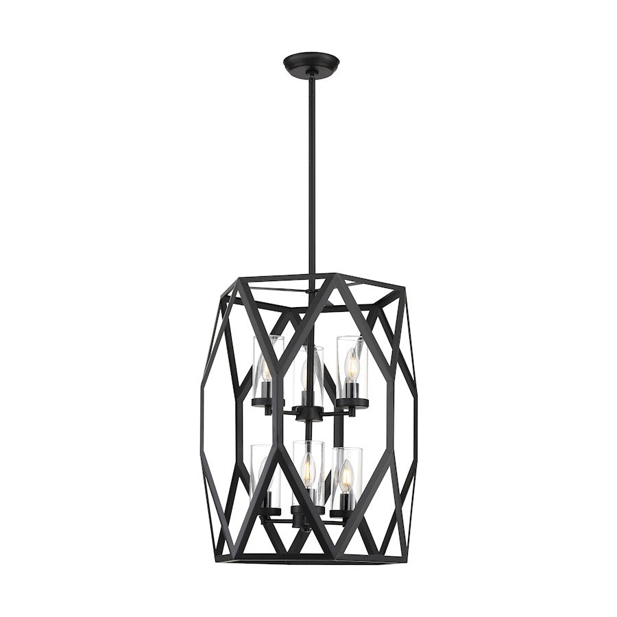 6 Light Pendant, Clear Glass, Black