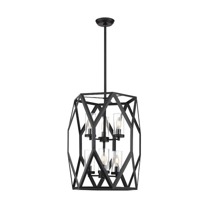 6 Light Pendant, Clear Glass, Black