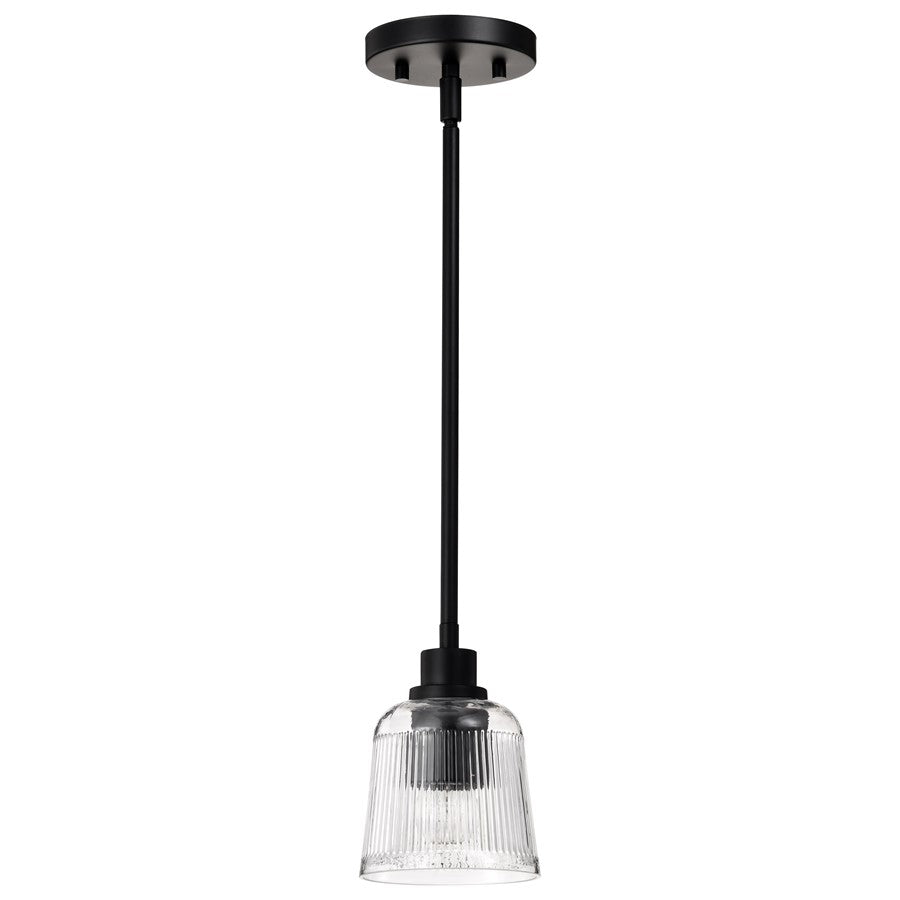 Nuvo Lighting Grayson 5in 1-Light Mini Pendant | Transitional Matte Black Steel and Clear Ribbed Glass | Kitchen Island & Dining Room | 5 | Model 60-8605