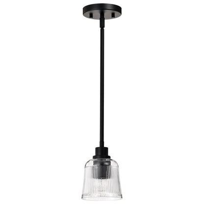 Nuvo Lighting Grayson 5in 1-Light Mini Pendant | Transitional Matte Black Steel and Clear Ribbed Glass | Kitchen Island & Dining Room | 5 | Model 60-8605