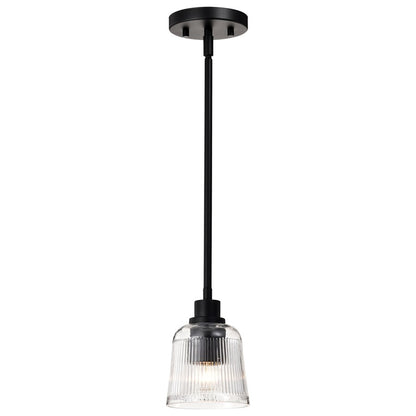 Nuvo Lighting Grayson 5in 1-Light Mini Pendant | Transitional Matte Black Steel and Clear Ribbed Glass | Kitchen Island & Dining Room | 5 | Model 60-8605