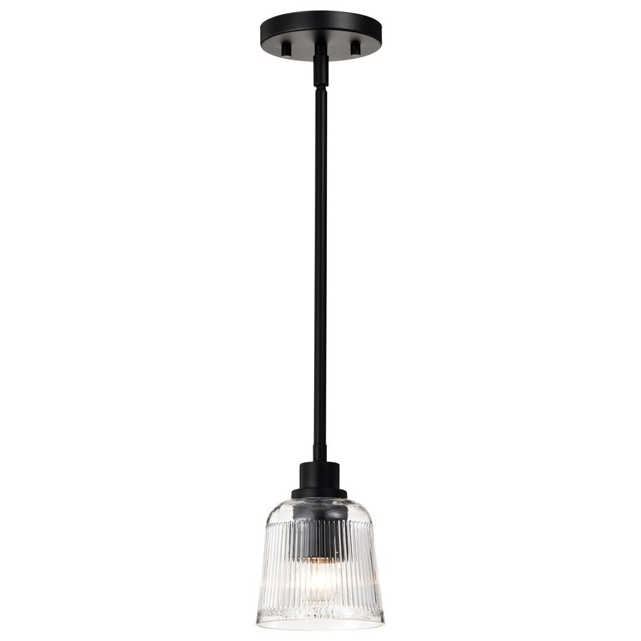 Nuvo Lighting Grayson 5in 1-Light Mini Pendant | Transitional Matte Black Steel and Clear Ribbed Glass | Kitchen Island & Dining Room | 5 | Model 60-8605