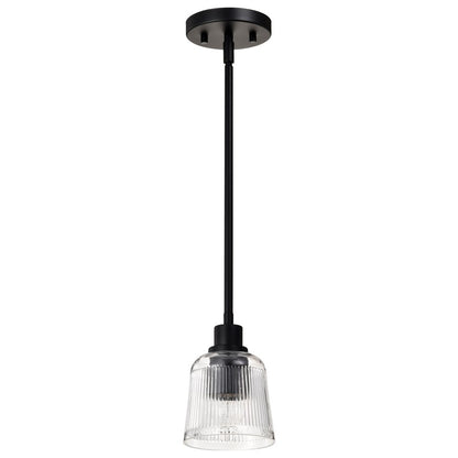 Nuvo Lighting Grayson 5in 1-Light Mini Pendant | Transitional Matte Black Steel and Clear Ribbed Glass | Kitchen Island & Dining Room | 5 | Model 60-8605
