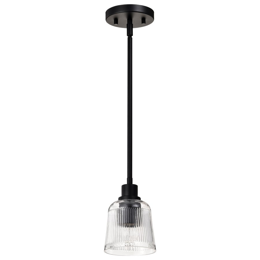 Nuvo Lighting Grayson 5in 1-Light Mini Pendant | Transitional Matte Black Steel and Clear Ribbed Glass | Kitchen Island & Dining Room | 5 | Model 60-8605