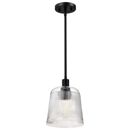 Nuvo Lighting Grayson 8in 1-Light Small Pendant | Transitional Matte Black Steel and Clear Ribbed Glass | Kitchen Island & Dining Room | 8 | Model 60-8606